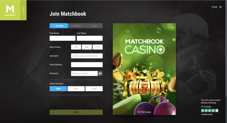 Matchbook Casino Registration Step 1